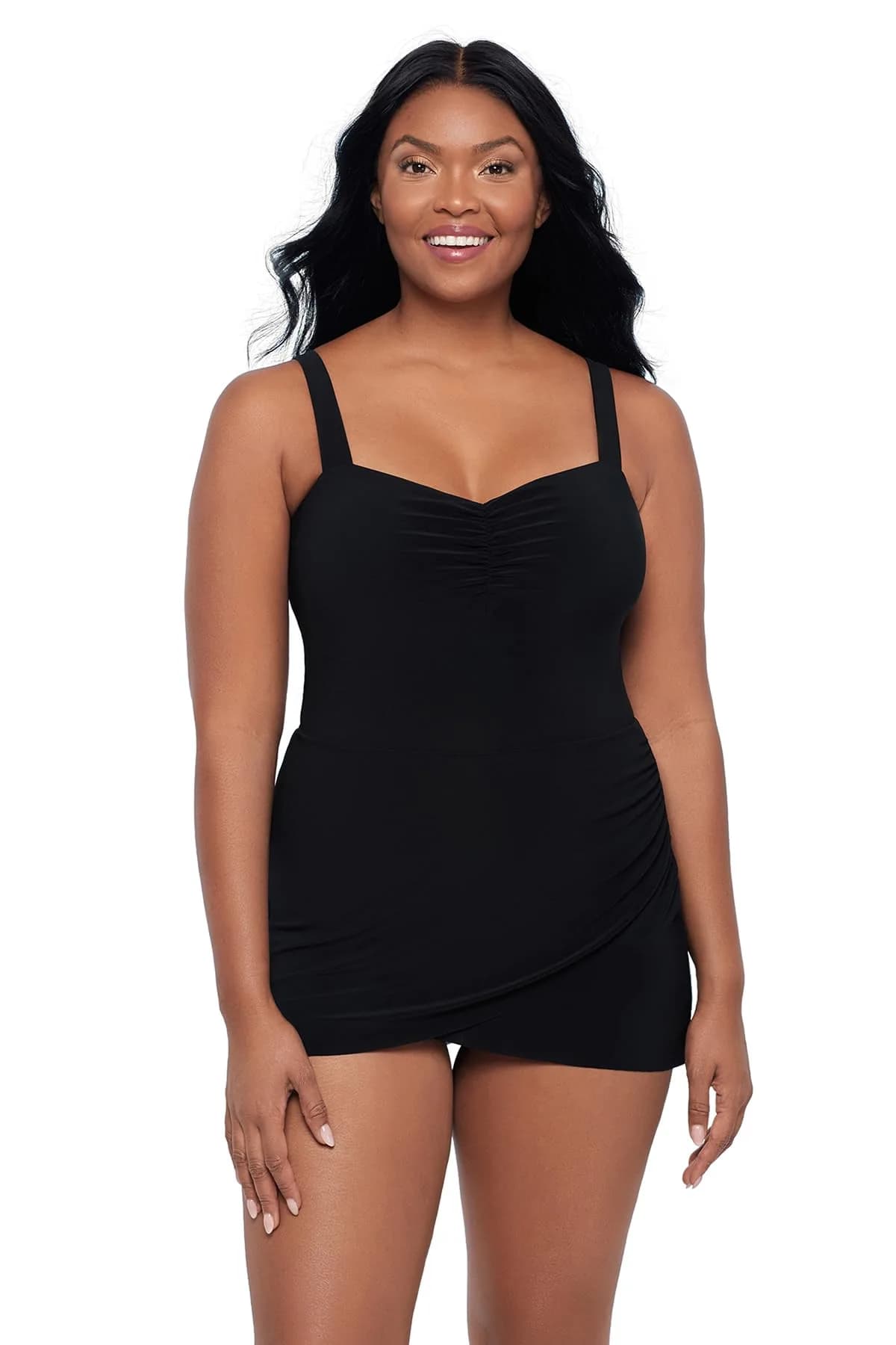 Trimshaper Womens Tummy Control Laura Swimdress with Sweetheart Neckline and Molded Cups | Fully Lined, Tummy Control, Adjustable Straps — Black