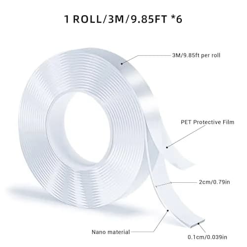 SUTOUG Double Sided Tape, Nano Tape, Transparent Adhesive Tape, Traceless Adhesive Tape, Removable, Washable, Reusable, 6 Rolls (3m Per Roll) | Holds up to 1kg per smooth surface thumbnail 2
