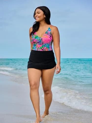 Trimshaper Womens Full Tummy Control Shaping Julie Swimdress with Adjustable Coverage | Amazonian Palms, Size 18 thumbnail 2