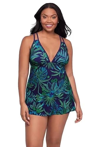 Trimshaper Womens Built-in Tummy Control Tracey Swimdress with Adjustable Side Tie, Tropical Tessellation | Flattering & Supportive (70-120 chars) thumbnail 1