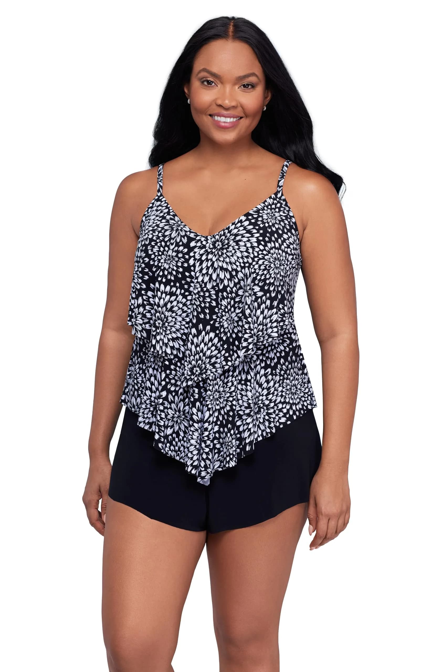 Trimshaper Womens Double Tier Ronnie Swim Tankini Top with Fully Lined Back and Bra Support, Noir Blooms, 14 | Supportive, Fully Lined & Adjustable