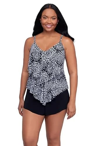 Trimshaper Womens Double Tier Ronnie Swim Tankini Top with Fully Lined Back and Bra Support, Noir Blooms, 14 | Supportive, Fully Lined & Adjustable thumbnail 1