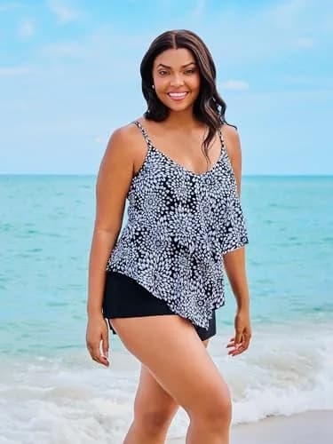 Trimshaper Womens Double Tier Ronnie Swim Tankini Top with Fully Lined Back and Bra Support, Noir Blooms, 14 | Supportive, Fully Lined & Adjustable thumbnail 2