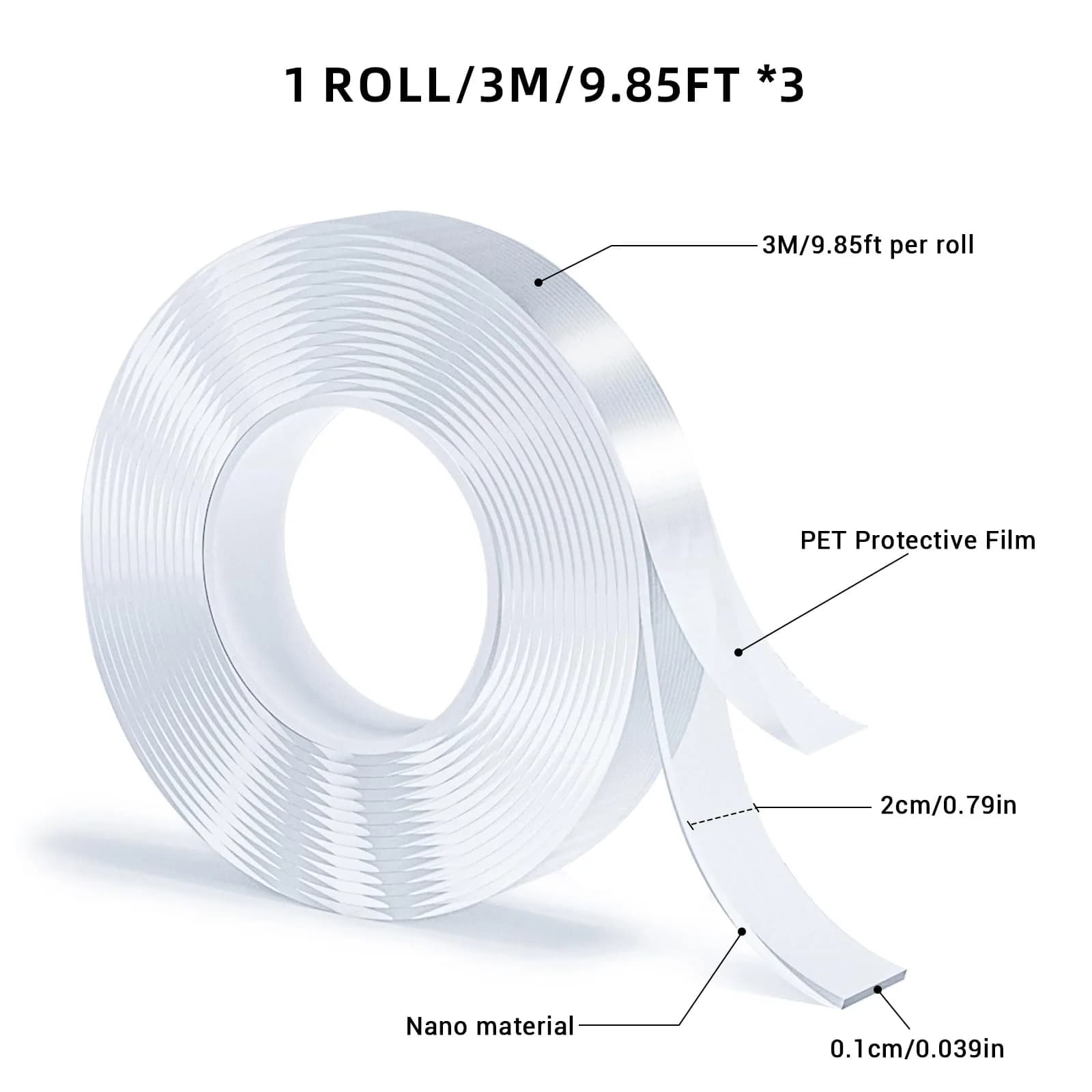 SUTOUG Double Sided Tape 9.85 ft (3 rolls, 29.5 ft total) | Strong Nano Adhesive for Home & Office - view 2