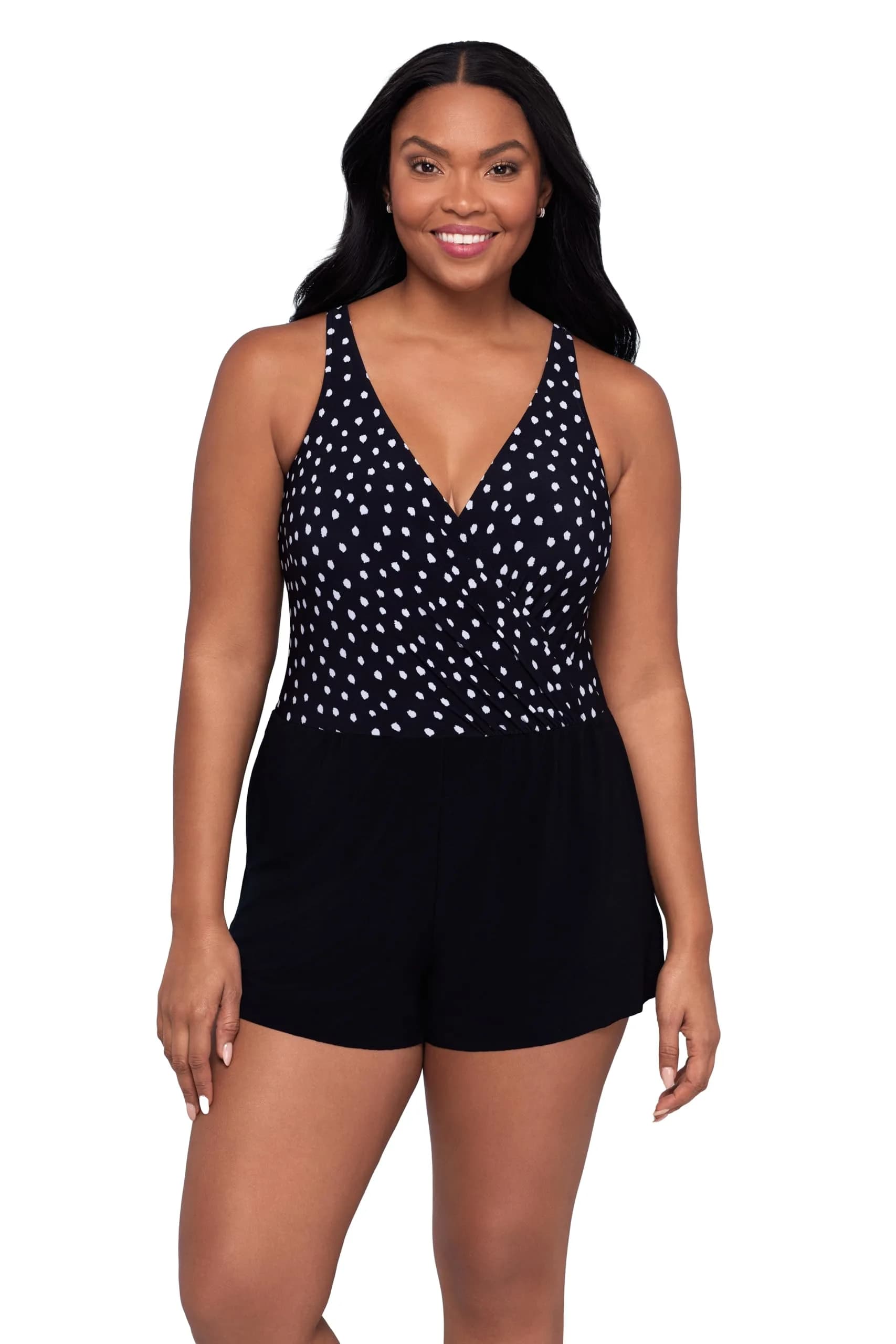 Trimshaper Womens Full Tummy Control Kim Swim Romper with Pockets and Built-in Bra | Amazonian Palms, Size 12, Full Support & Style — Confetti Dot
