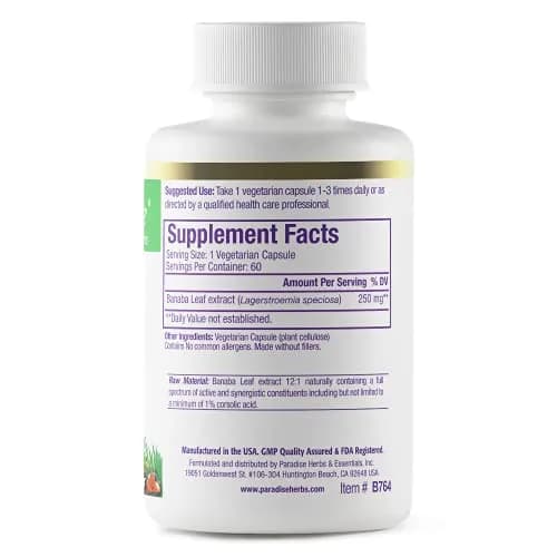 Paradise Herbs Banaba Leaf 12:1 Extract 250 mg | Vegan, Gluten-Free, Non-GMO Capsules thumbnail 7