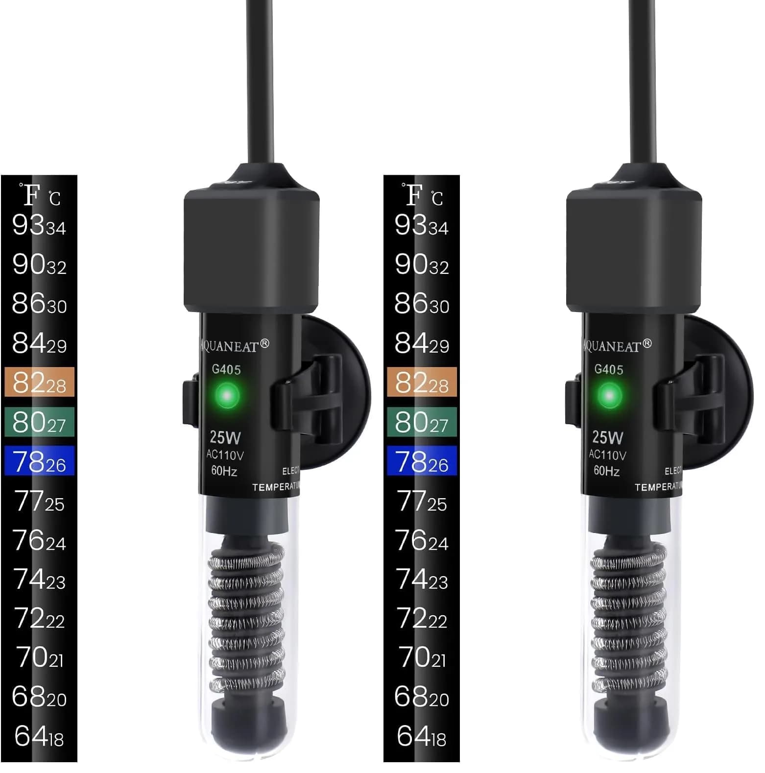AQUANEAT 25W Betta Fish Tank Heater, Preset 78°F Mini Submersible Aquarium Heater (Pack of 2, Black) - main product image