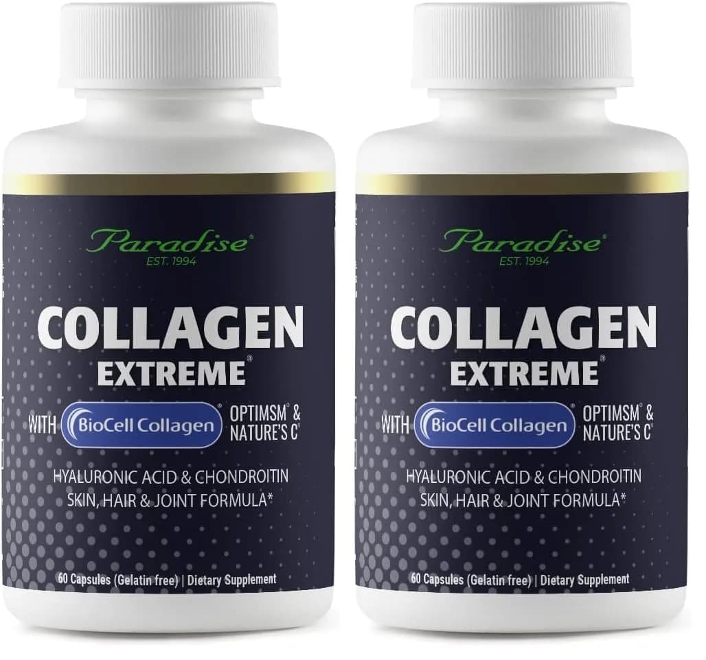 Paradise Herbs Collagen Extreme with Biocell Collagen, Hyaluronic Acid, and Nature's C | Supports Hair, Skin & Joints, 60 Capsules (Pack of 2) — No Color