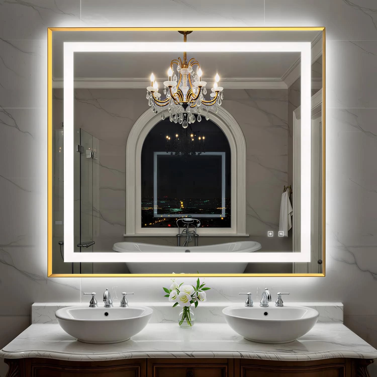 SHUAFA 40X36 Inch LED Bathroom Mirror with Lights, Gold Frame | Anti-Fog, Memory Function, ETL Certified - main product image