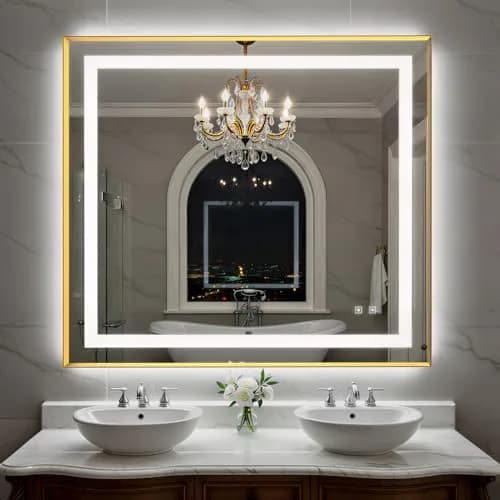 SHUAFA 40X36 Inch LED Bathroom Mirror with Lights, Gold Frame | Anti-Fog, Memory Function, ETL Certified thumbnail 1