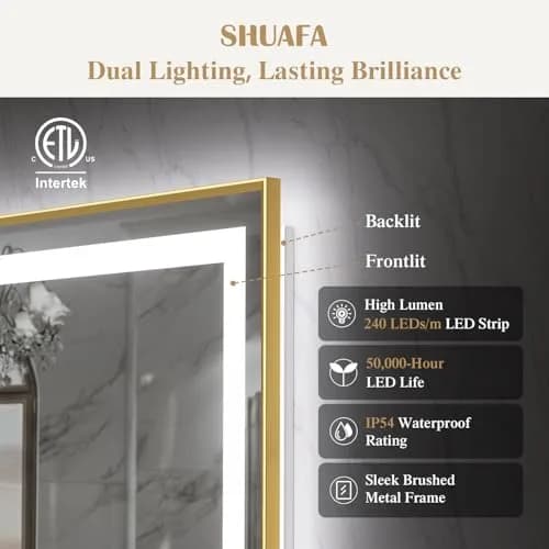 SHUAFA 40X36 Inch LED Bathroom Mirror with Lights, Gold Frame | Anti-Fog, Memory Function, ETL Certified thumbnail 4