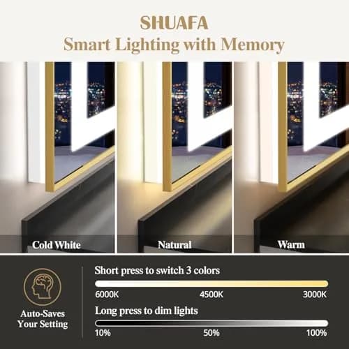 SHUAFA 40X36 Inch LED Bathroom Mirror with Lights, Gold Frame | Anti-Fog, Memory Function, ETL Certified thumbnail 3