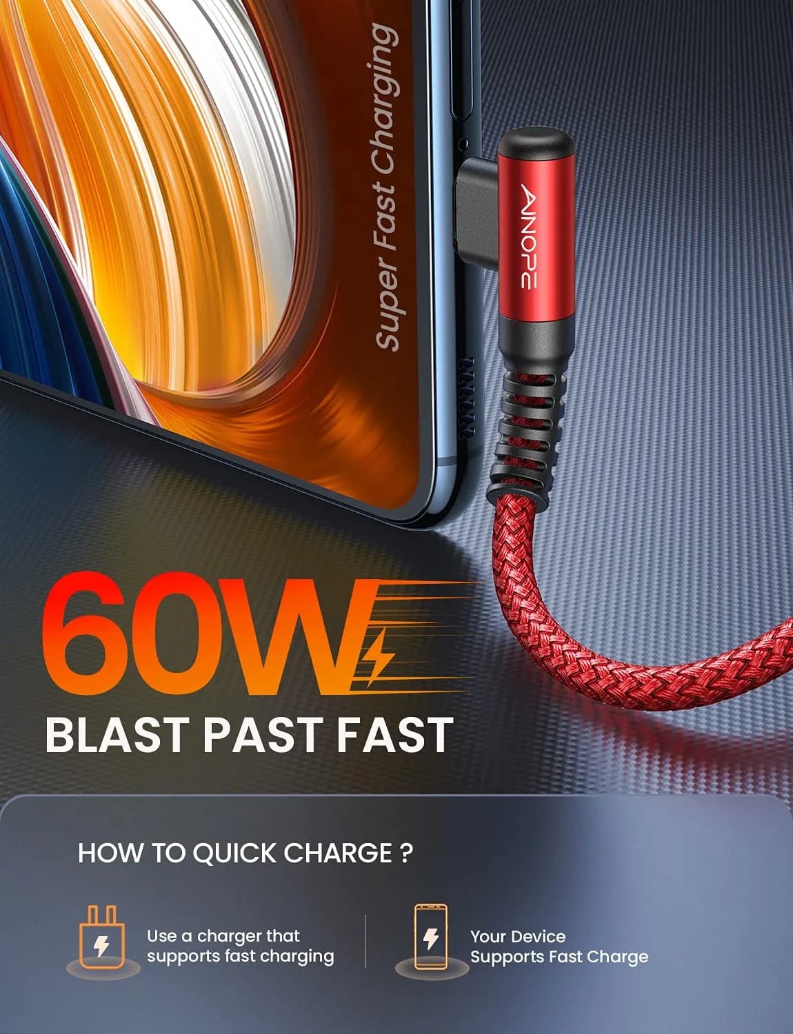 AINOPE Red 1.5FT USB C to USB C Cable | 60W Fast Charging & Data Transfer | Right Angle Design - view 2