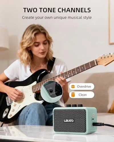 LEKATO Mini Guitar Amplifier, 5W Dual Speakers, Bluetooth, Rechargeable, 6H Playtime, Headphone Jack, Portable (Blue) thumbnail 2