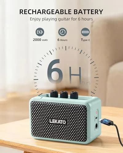 LEKATO Mini Guitar Amplifier, 5W Dual Speakers, Bluetooth, Rechargeable, 6H Playtime, Headphone Jack, Portable (Blue) thumbnail 3