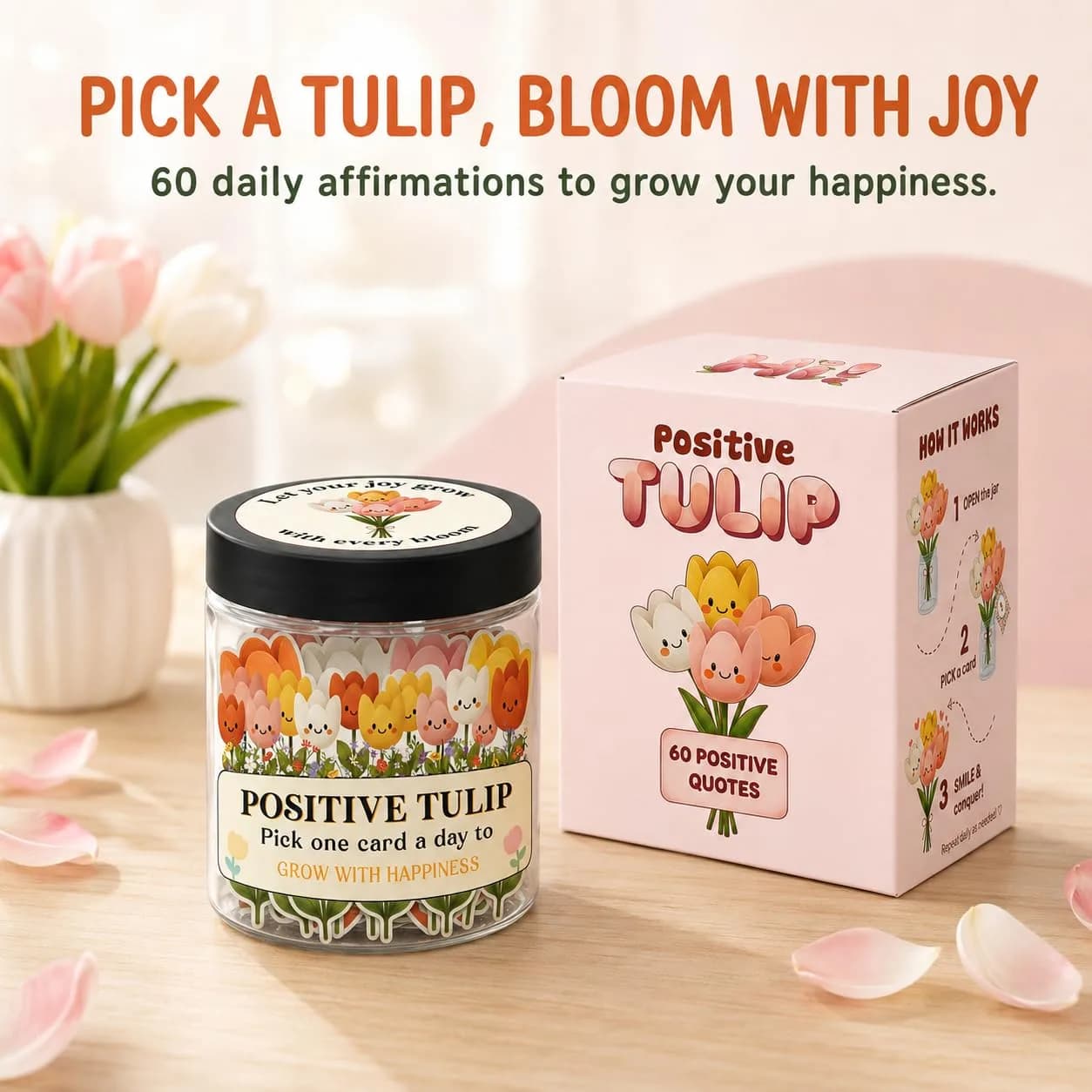 DEARMINE Positive Tulip Jar with 60 Affirmation Cards | 7.3cm (2.87in) Diameter - view 2