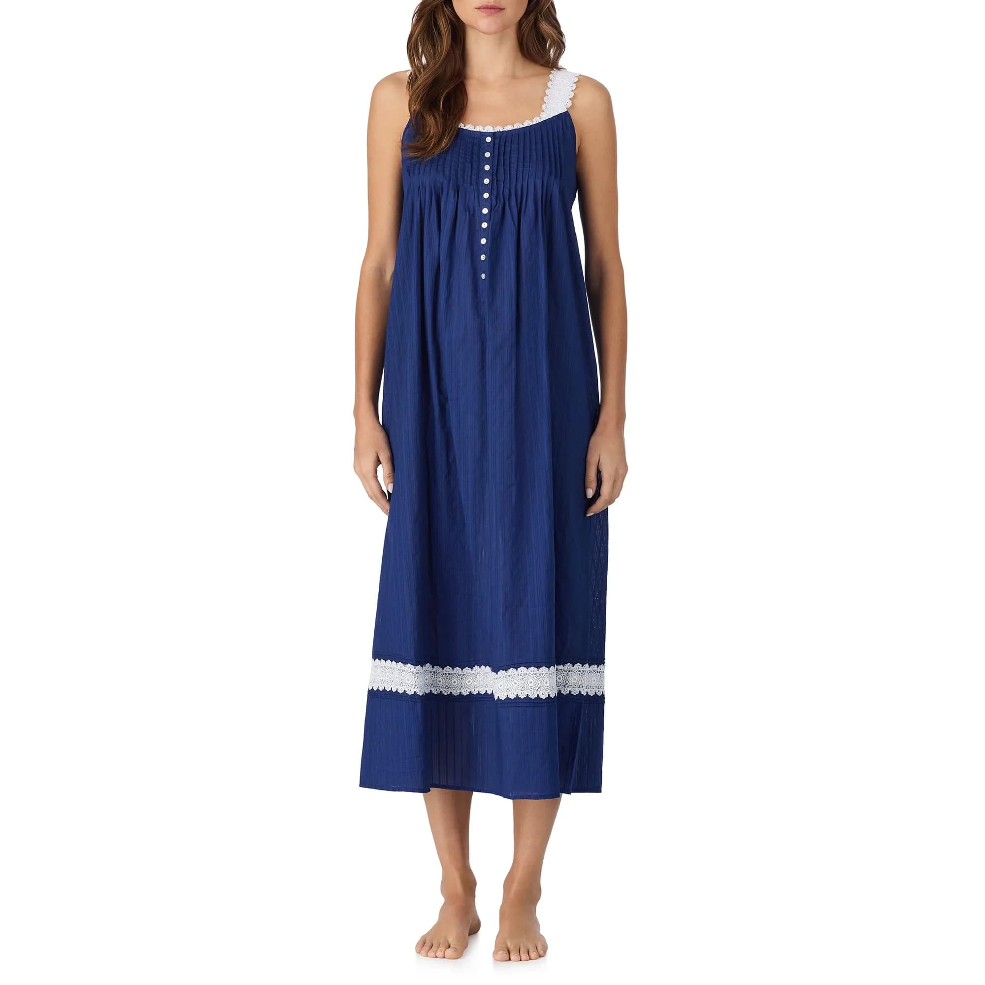 Eileen West 100% Cotton Sleeveless Nightgown 50" Navy | Elegant, Breathable & Classic