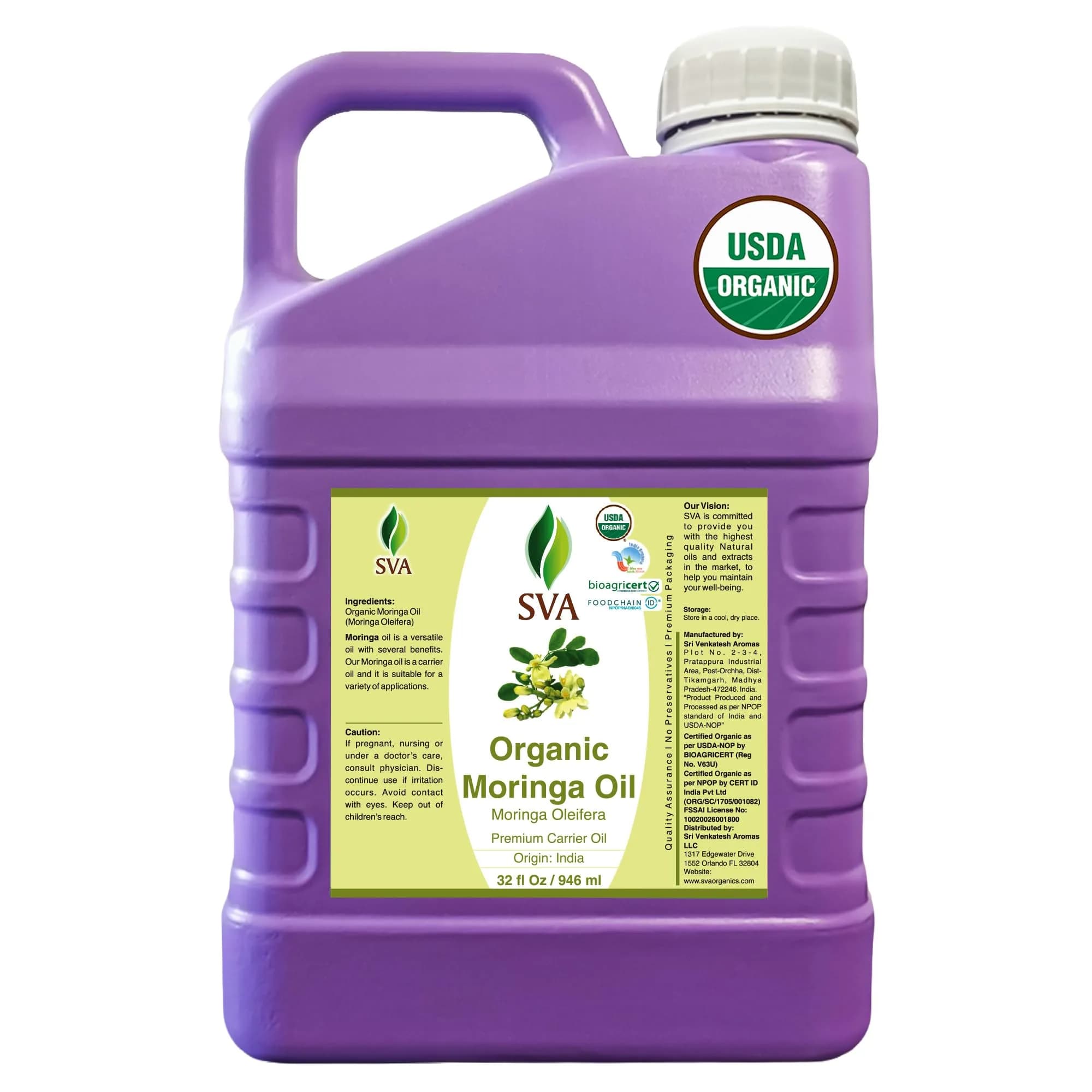 SVA ORGANICS Organic Moringa Seed Carrier Oil 946 ml (32 Fl Oz) | Cold-Pressed for Skin & Hair