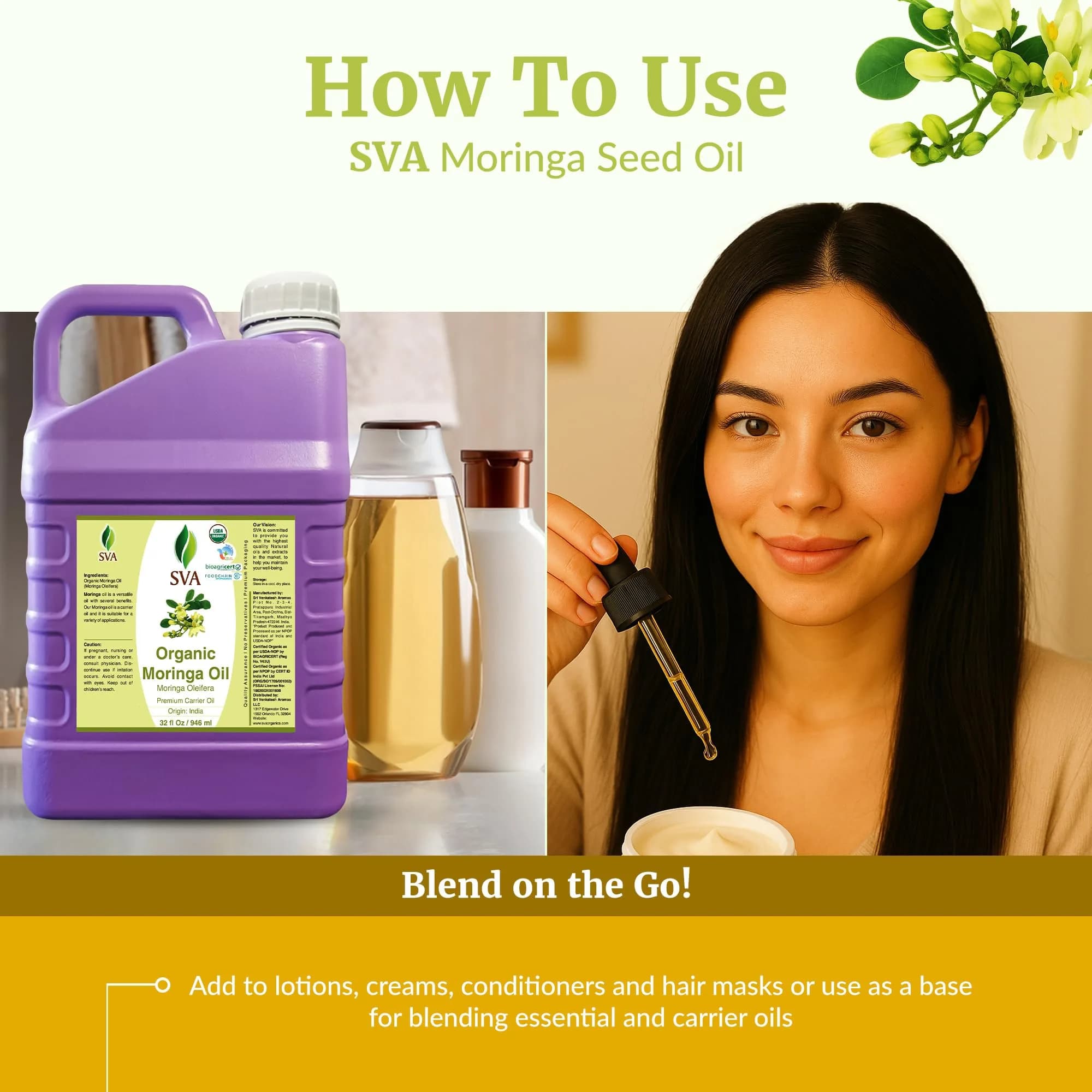 SVA ORGANICS Organic Moringa Seed Carrier Oil 946 ml (32 Fl Oz) | Cold-Pressed for Skin & Hair - view 6