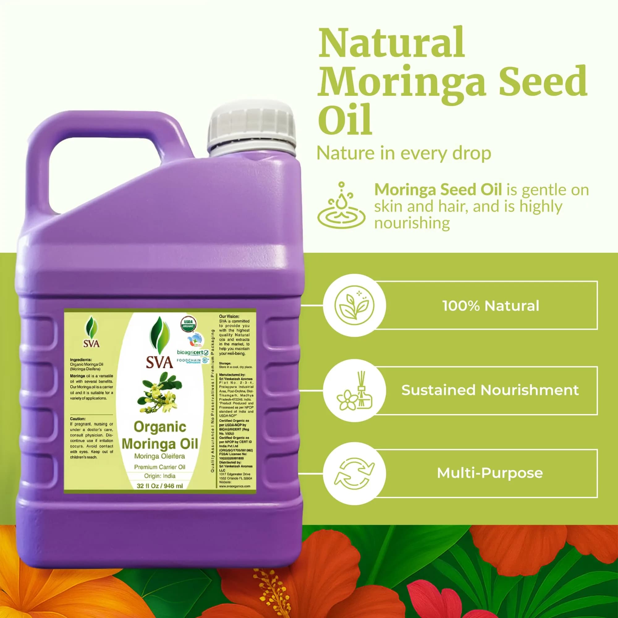 SVA ORGANICS Organic Moringa Seed Carrier Oil 946 ml (32 Fl Oz) | Cold-Pressed for Skin & Hair - view 2
