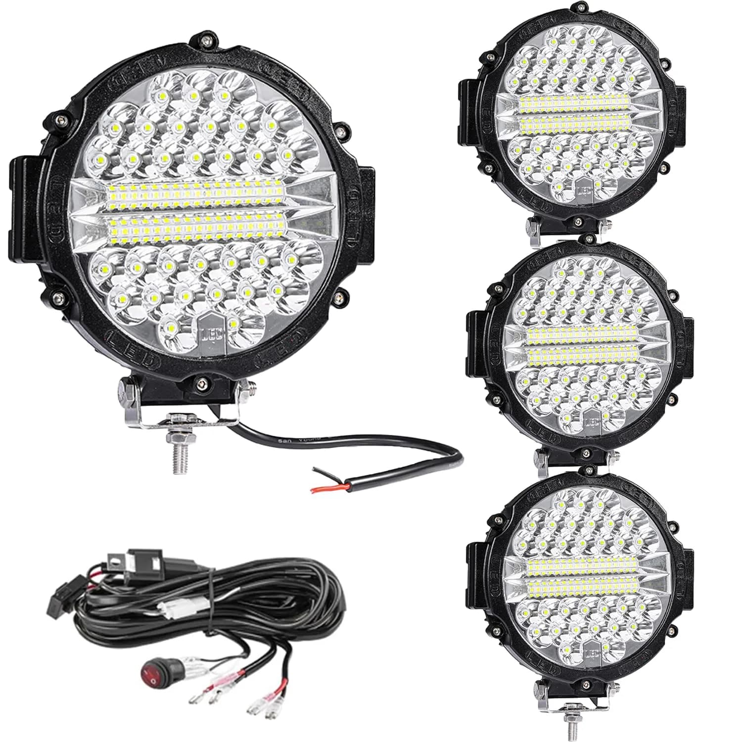SAN YOUNG 7 Inch Round LED Offroad Lights 210W 10000lm (15.19cm x 21.49cm x 23.90cm) | 2 Pack Driving Auxiliary Fog Lights — 4 Black with Wiring