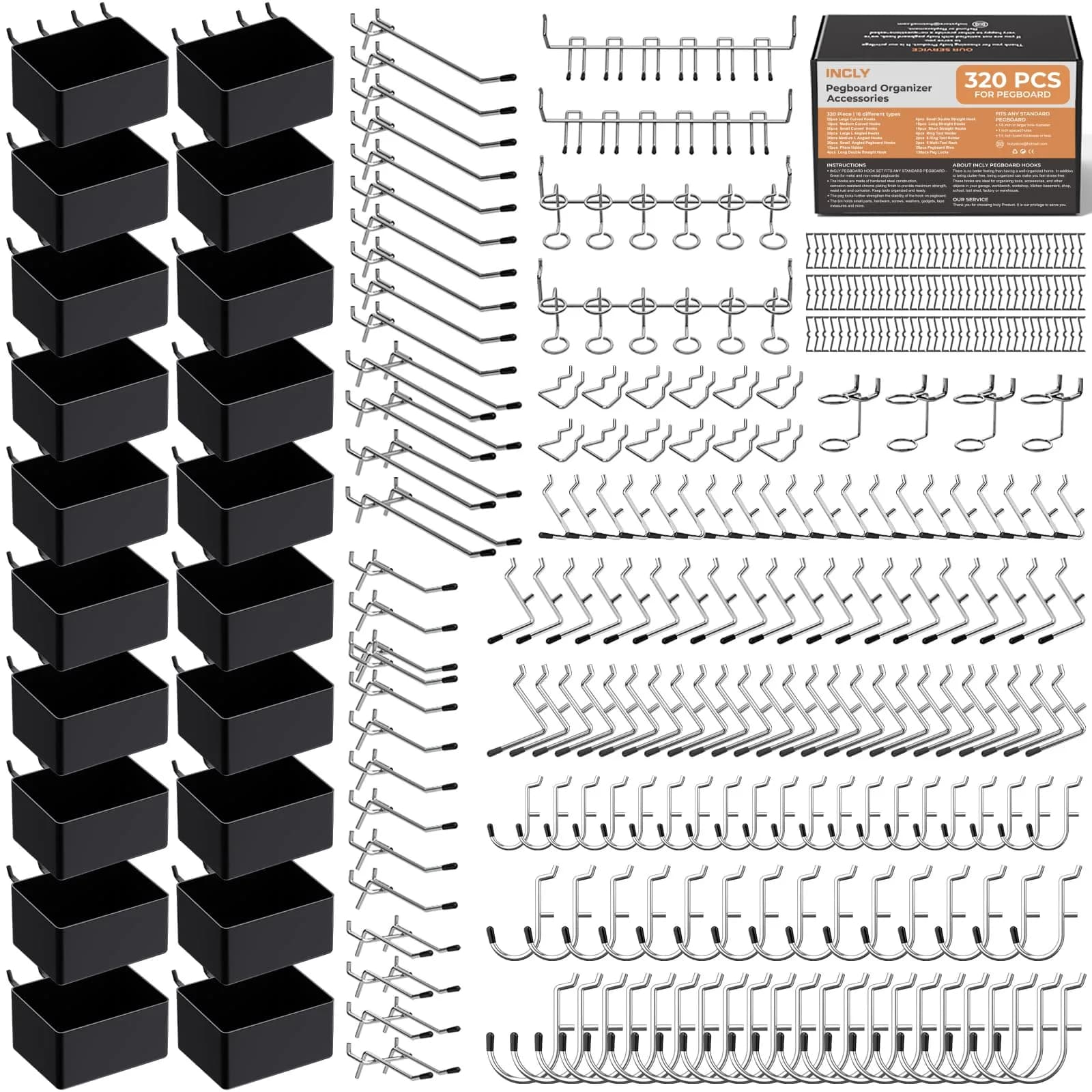 INCLY 320PCS Pegboard Accessories Organizer Kit with Peg Board Hooks & Bins, 2.52 kg (5.56 lb) | Garage & Workshop Storage Solution