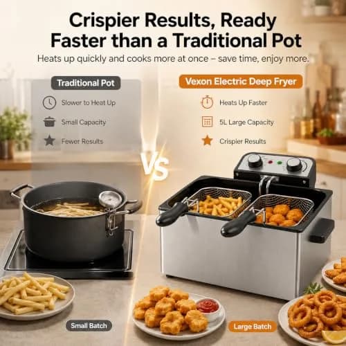 Vexon Electric Deep Fryer 5L | 1800W Stainless Steel Countertop Fryer with Removable Basket & Adjustable Temp thumbnail 5