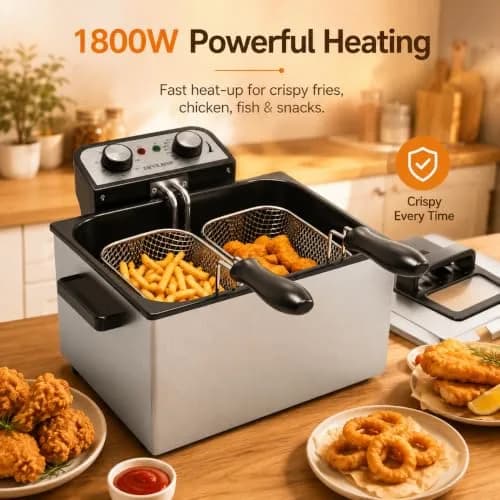 Vexon Electric Deep Fryer 5L | 1800W Stainless Steel Countertop Fryer with Removable Basket & Adjustable Temp thumbnail 2