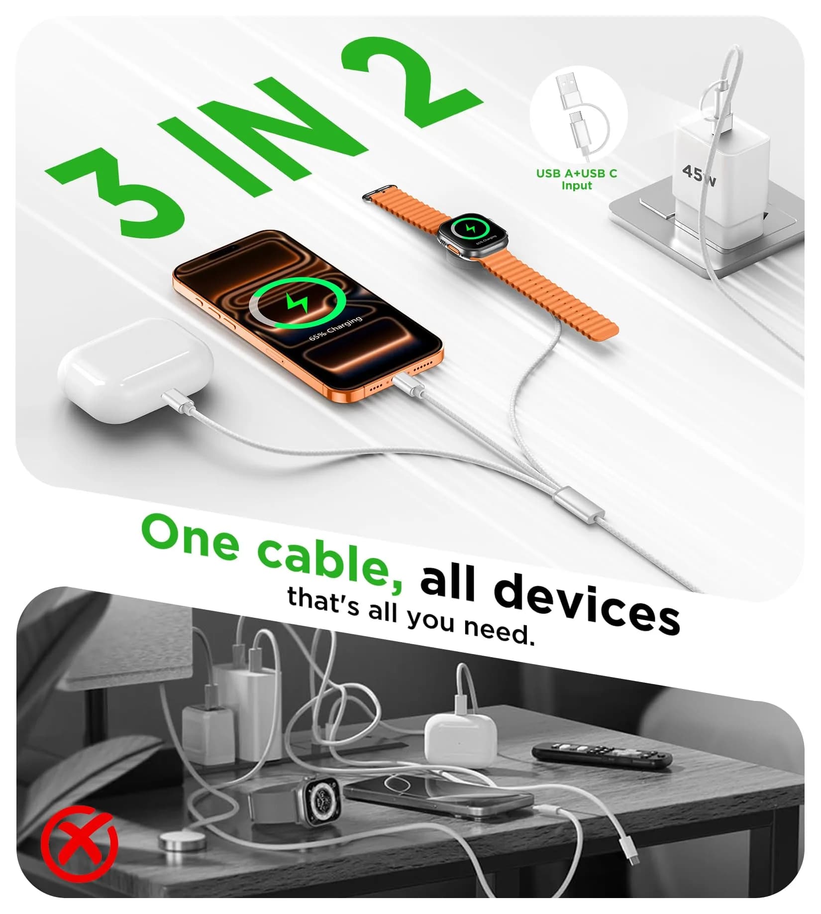 xiwxi 3-in-2 Multi-Charging Cable 1.2m (USB-C/Lightning/Magnetic Watch) | Charge iPhone, Watch, Camera Simultaneously - view 5