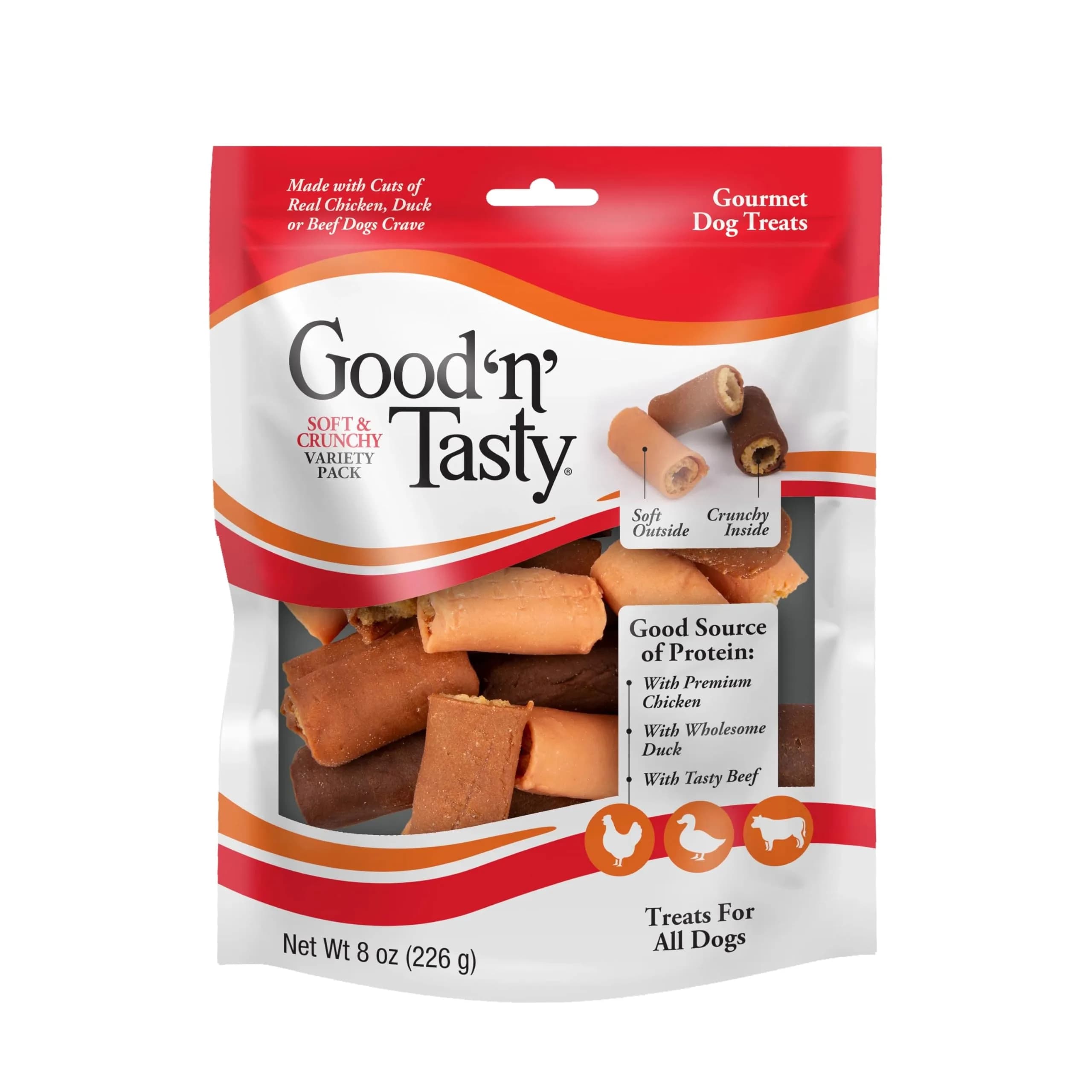 Good ‘N’ Tasty High Protein Dog Treats 8 oz | Soft & Crunchy Rolls with Real Chicken, Duck & Beef — 8 Ounce