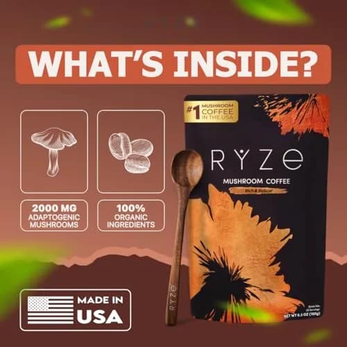 RYZE Organic Mushroom Coffee Dark Roast 179g (6.3 Oz) | Adaptogenic Blend for Energy & Focus thumbnail 4
