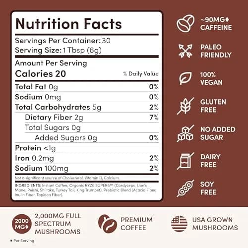 RYZE Organic Mushroom Coffee Dark Roast 179g (6.3 Oz) | Adaptogenic Blend for Energy & Focus thumbnail 5