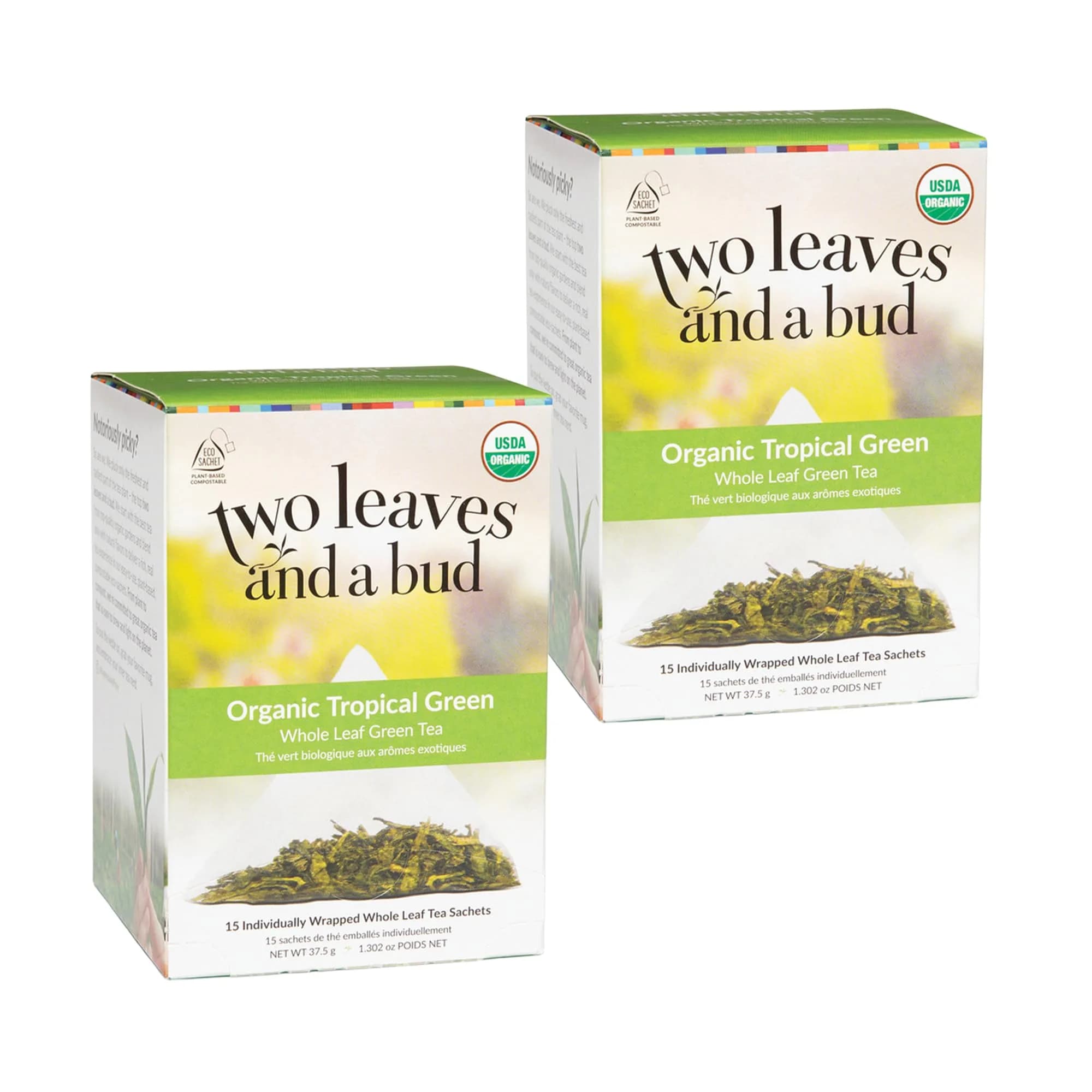 Two Leaves and a Bud Organic Tropical Green Tea, Whole Leaf Sencha Green Tea, 15 Count (Pack of 2) | Refreshing tropical flavor, versatile & hydrating