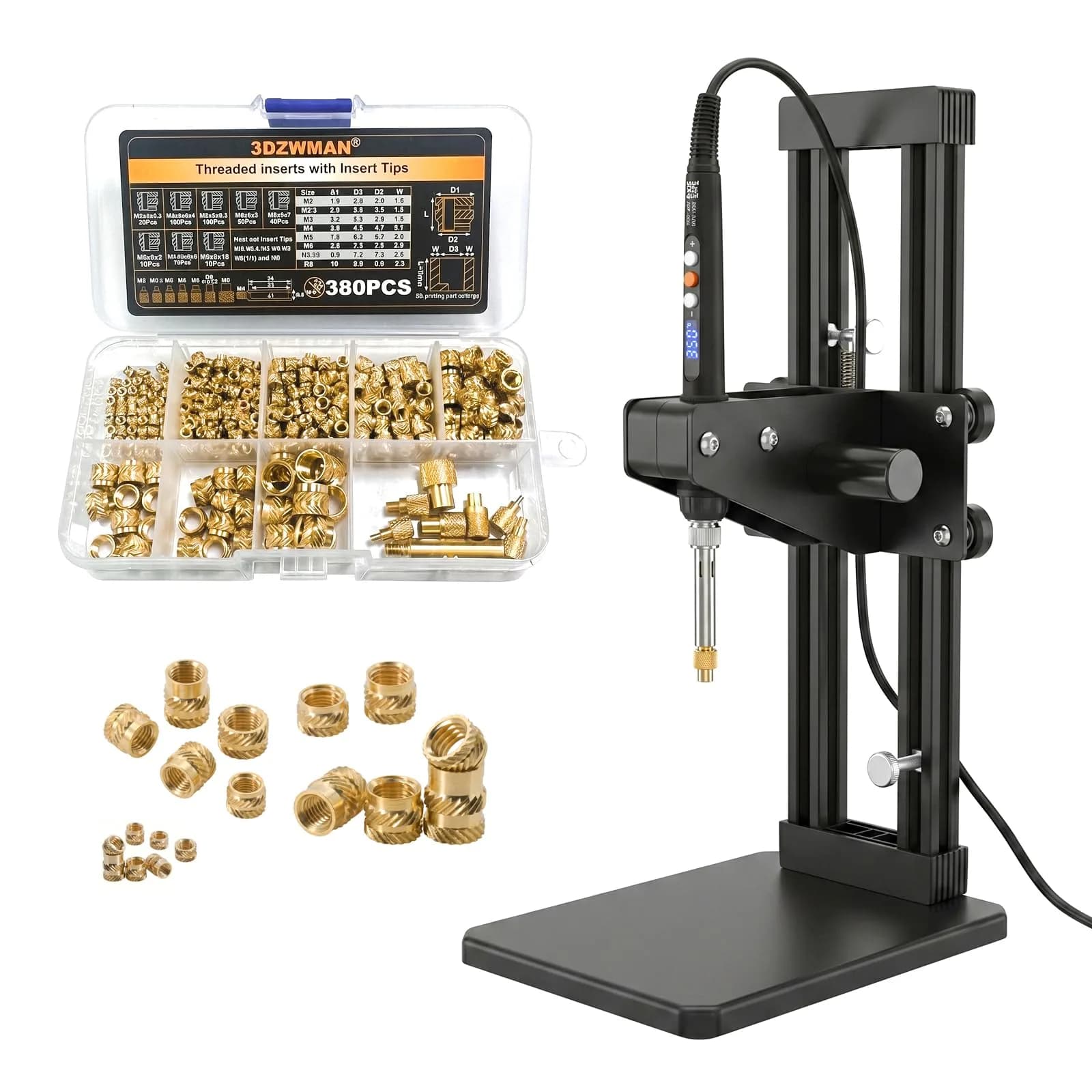 3DZWMAN Vertical Heat Set Insert Tool Press with 380PCS M2-M8 Brass Metric Knurled Inserts & 60W Soldering Iron | 210mm Insertion Height