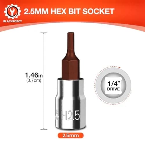 BLACKROBOT 2.5 mm Hex Bit Socket, 1/4 Inch Drive H2.5 Allen Key Socket, Metric, Full Polished, S2 Steel Head | Precision Insertion thumbnail 2