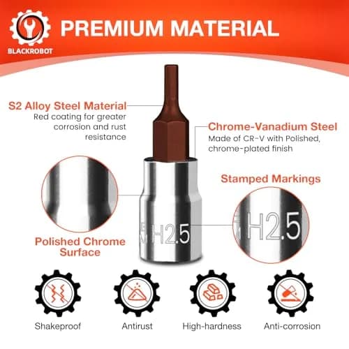 BLACKROBOT 2.5 mm Hex Bit Socket, 1/4 Inch Drive H2.5 Allen Key Socket, Metric, Full Polished, S2 Steel Head | Precision Insertion thumbnail 3
