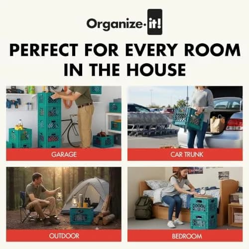 ORGANIZE-IT! Storage Milk Crate, Easy-Grip Handles, 12.25-In, Teal, 4-Pack | Classic Stackable Storage Solution thumbnail 5