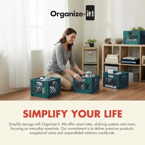 ORGANIZE-IT! Storage Milk Crate, Easy-Grip Handles, 12.25-In, Teal, 4-Pack | Classic Stackable Storage Solution thumbnail 3