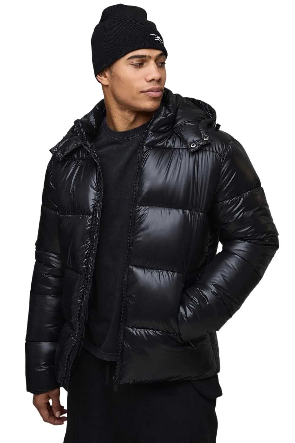 boohooMAN Regular Fit High Shine Puffer Jacket in Black | Glossy, Warm, Weather-Resistant