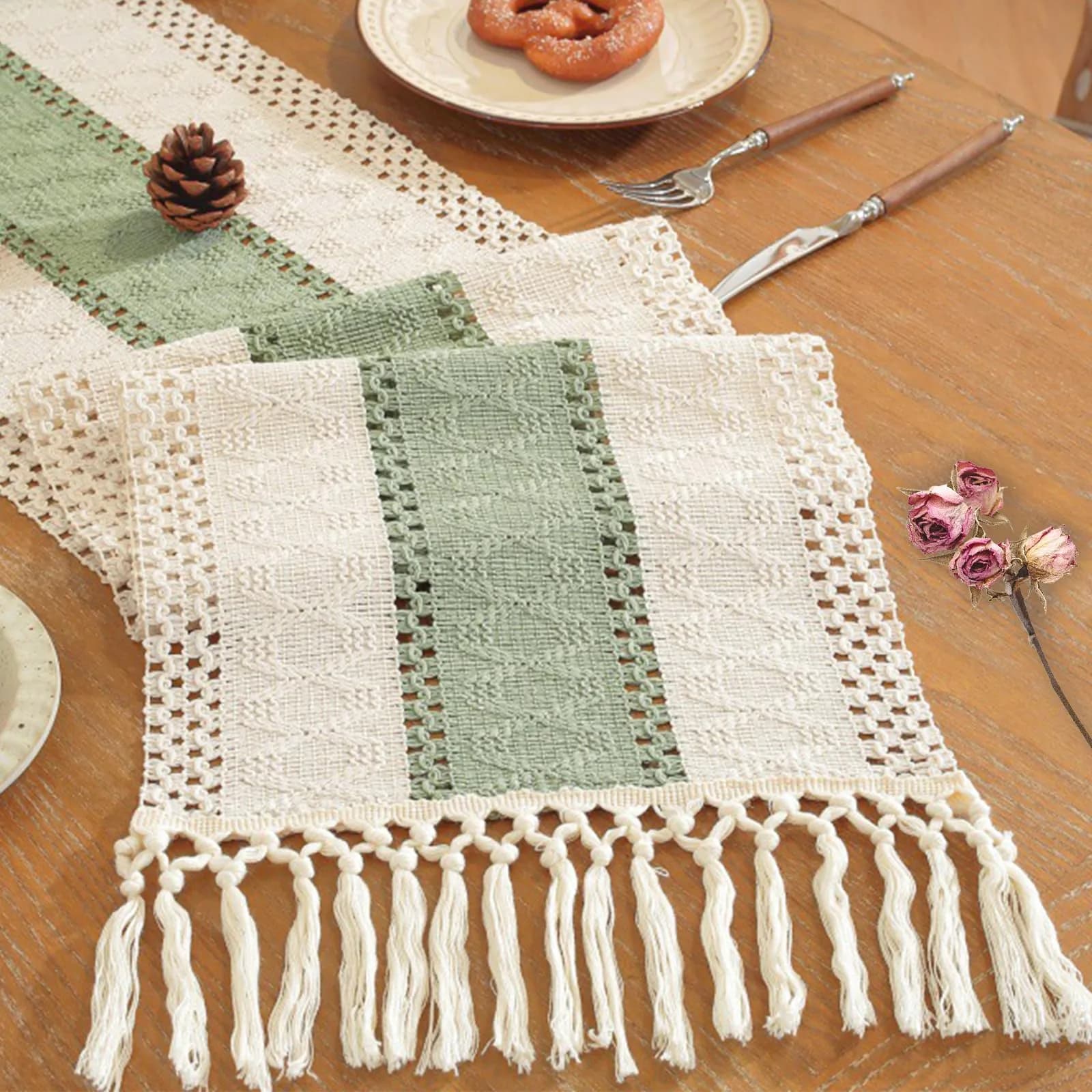 Niviy Sage Green Table Runner 72 Inches | Rustic Boho Summer Decor with Tassels — Sage Green