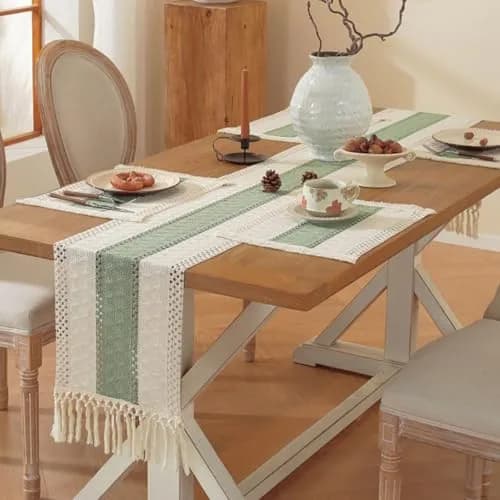 Niviy Sage Green Table Runner 72 Inches | Rustic Boho Summer Decor with Tassels thumbnail 5