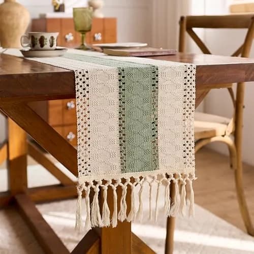 Niviy Sage Green Table Runner 72 Inches | Rustic Boho Summer Decor with Tassels thumbnail 7