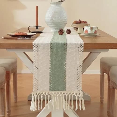 Niviy Sage Green Table Runner 72 Inches | Rustic Boho Summer Decor with Tassels thumbnail 3