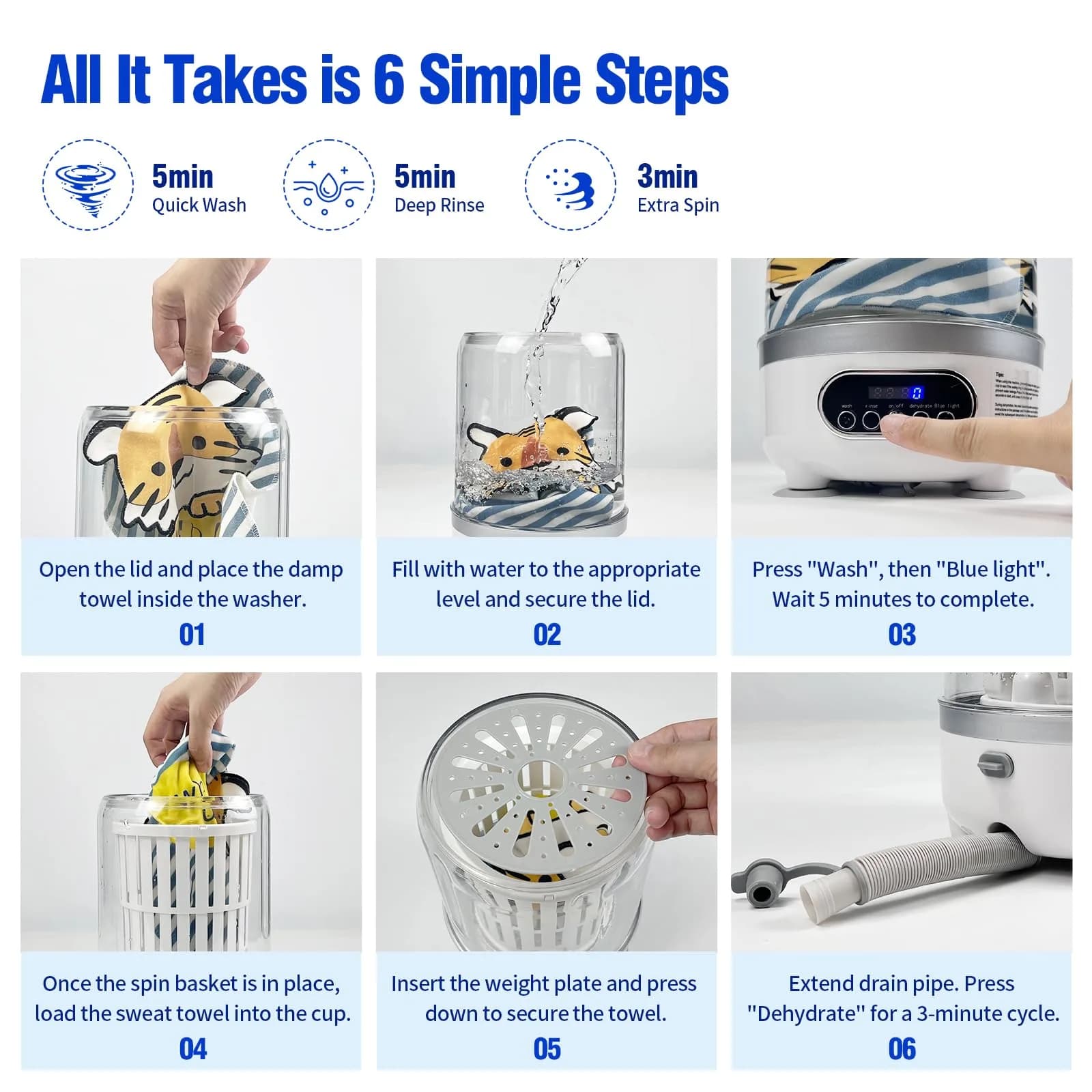 SUNHAIXIA FC243B 3L Portable Mini Washing Machine - Compact Deep Cleaning for Underwear, Baby Clothes, Small Laundry (White) - view 6