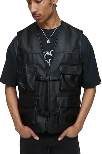 boohooMAN Pu Utility Vest | Regular Fit, Faux Leather Look, 4 Pockets, Black, Small thumbnail 1