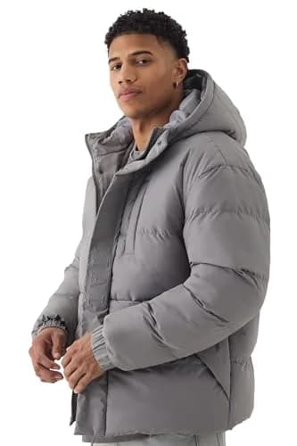 boohooMAN Regular Fit Embossed Hooded Puffer Coat in Charcoal | Sporty, Weather-Ready & Comfortable thumbnail 1