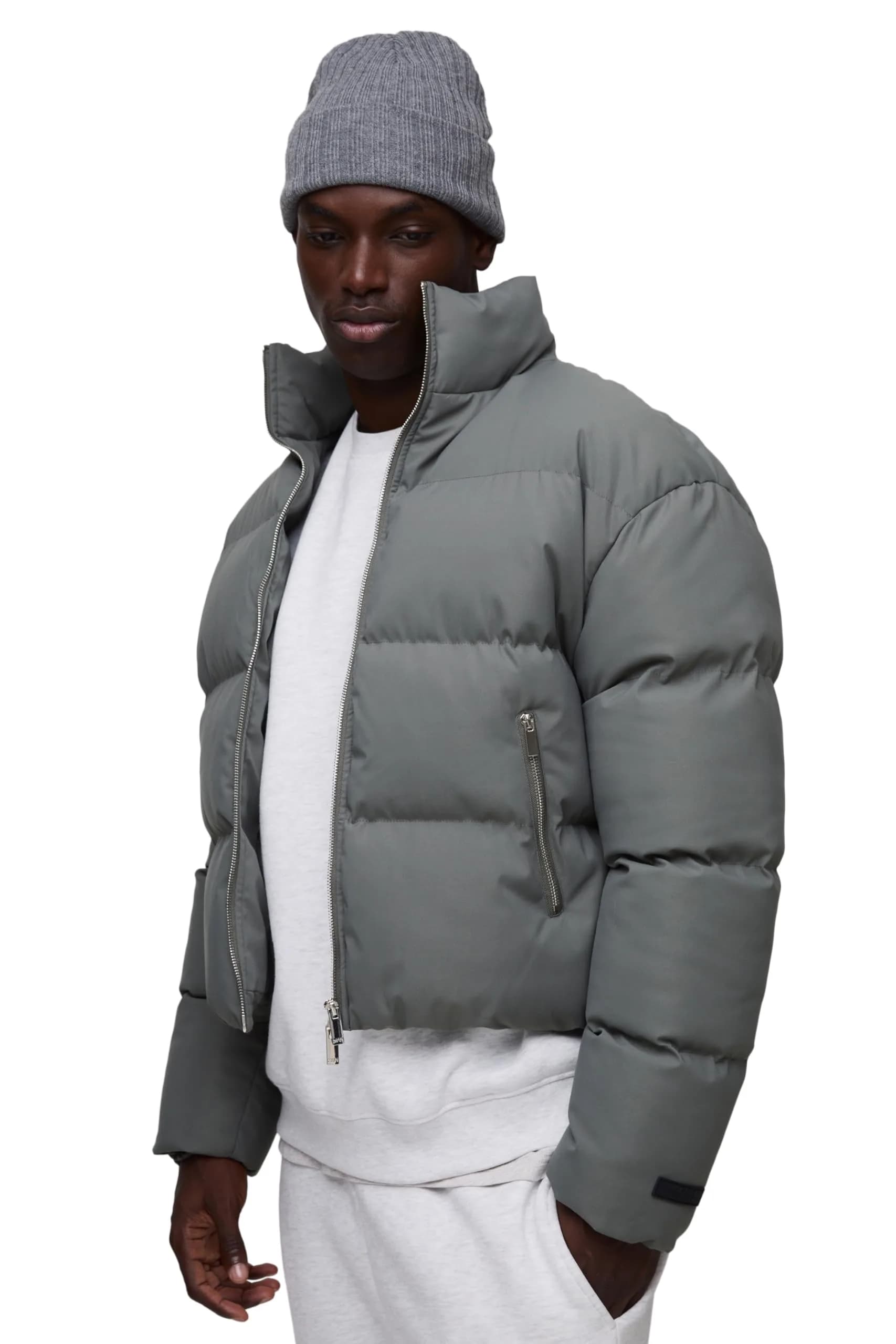 boohooMAN Man Boxy Fit Funnel Neck Puffer Coat in Grey | Windproof & Weather-Resistant — Large