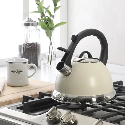 Mr. Coffee Clarefield 2.4 Qt Whistling Tea Kettle – Linen White Stovetop Water Kettle with Lid, Heat-Resistant Nylon Handle and Knob, Stainless Steel Trim thumbnail 2