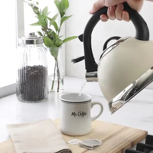 Mr. Coffee Clarefield 2.4 Qt Whistling Tea Kettle – Linen White Stovetop Water Kettle with Lid, Heat-Resistant Nylon Handle and Knob, Stainless Steel Trim thumbnail 3