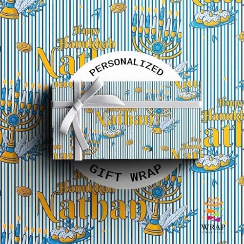 Wrap Crafters Personalized Hanukkah Star of David Wrapping Paper | Custom Menorah Gift Wrap (White, 24"x144") thumbnail 1